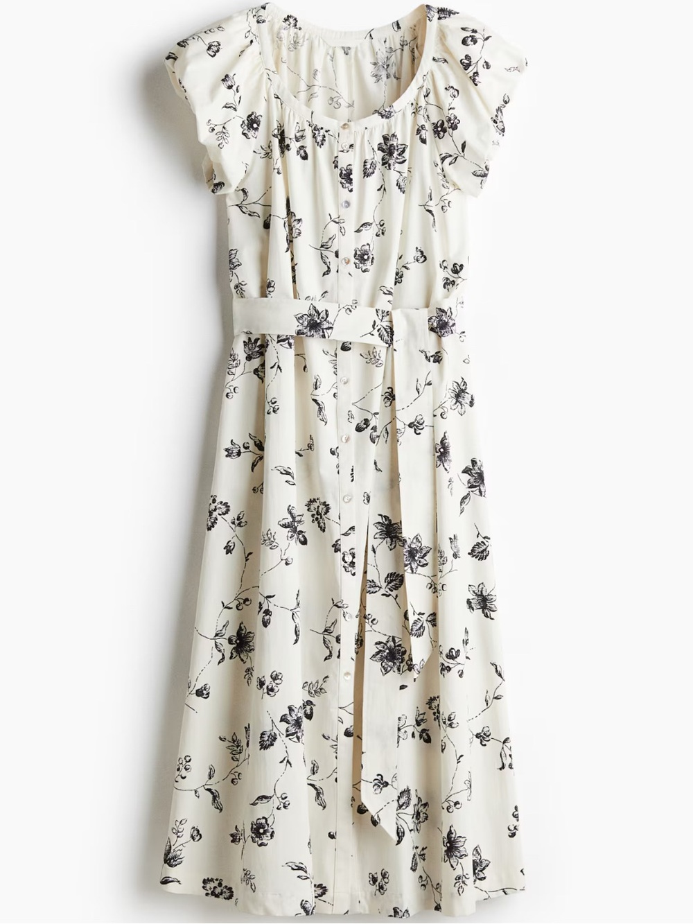 H&M Cream Midi Dress with Black Floral Print